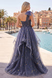 Starry Night Stoffige Blauwe strapless Strik Lange Galajurk met Cascaderende Ruffles