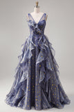 Elegante V-hals tule Starry Sky Stoffige Blauwe Galajurk met gelaagde ruches