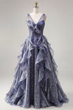 Elegante V-hals tule Starry Sky Stoffige Blauwe Galajurk met gelaagde ruches