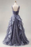 Elegante V-hals tule Starry Sky Stoffige Blauwe Galajurk met gelaagde ruches