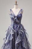 Elegante V-hals tule Starry Sky Stoffige Blauwe Galajurk met gelaagde ruches