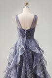 Elegante V-hals tule Starry Sky Stoffige Blauwe Galajurk met gelaagde ruches