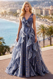 Elegante V-hals tule Starry Sky Stoffige Blauwe Galajurk met gelaagde ruches