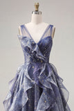 Elegante V-hals tule Starry Sky Stoffige Blauwe Galajurk met gelaagde ruches