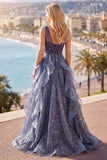 Elegante V-hals tule Starry Sky Stoffige Blauwe Galajurk met gelaagde ruches