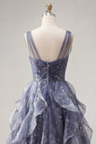 Elegante V-hals tule Starry Sky Stoffige Blauwe Galajurk met gelaagde ruches