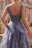 Elegante V-hals tule Starry Sky Stoffige Blauwe Galajurk met gelaagde ruches