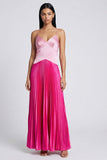 Satijnroze en fuchsia A-lijn spaghetti bandjes geplooide maxi jurk