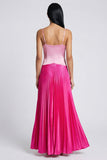 Satijnroze en fuchsia A-lijn spaghetti bandjes geplooide maxi jurk