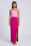 Roze en fuchsia fluwelen bodycon maxijurk met één schouder