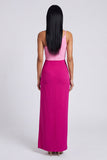 Roze en fuchsia fluwelen bodycon maxijurk met één schouder