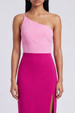 Roze en fuchsia fluwelen bodycon maxijurk met één schouder