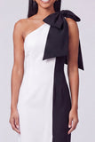 Zwart-wit eenschouder bodycon maxijurk met strik