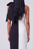 Zwart-wit eenschouder bodycon maxijurk met strik