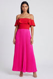 Off-the-shoulder A-lijn fuchsia en rood geplooide maxi-jurk met ruches