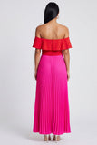 Off-the-shoulder A-lijn fuchsia en rood geplooide maxi-jurk met ruches