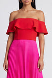 Off-the-shoulder A-lijn fuchsia en rood geplooide maxi-jurk met ruches