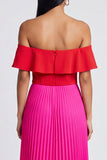Off-the-shoulder A-lijn fuchsia en rood geplooide maxi-jurk met ruches
