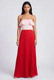 Off-the-shoulder A-lijn roze en rode geplooide maxijurk met ruches