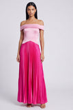 A-lijn satijnroze en fuchsia off-the-shoulder geplooide maxijurk