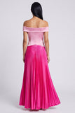 A-lijn satijnroze en fuchsia off-the-shoulder geplooide maxijurk