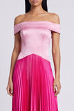 A-lijn satijnroze en fuchsia off-the-shoulder geplooide maxijurk