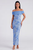 Off-the-shoulder gele bodycon geappliqueerde maxi bloemenjurk met split