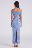 Off-the-shoulder gele bodycon geappliqueerde maxi bloemenjurk met split