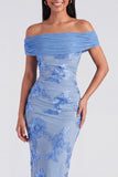 Off-the-shoulder gele bodycon geappliqueerde maxi bloemenjurk met split