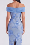 Off-the-shoulder gele bodycon geappliqueerde maxi bloemenjurk met split