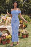 Off-the-shoulder gele bodycon geappliqueerde maxi bloemenjurk met split