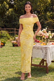 Off-the-shoulder gele bodycon geappliqueerde maxi bloemenjurk met split