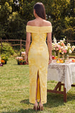 Off-the-shoulder gele bodycon geappliqueerde maxi bloemenjurk met split