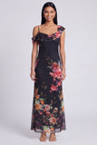Zwarte tule asymmetrische sheath print Maxi bloemenjurk