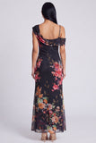 Zwarte tule asymmetrische sheath print Maxi bloemenjurk