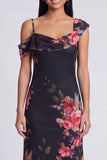 Zwarte tule asymmetrische sheath print Maxi bloemenjurk