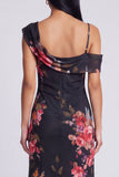 Zwarte tule asymmetrische sheath print Maxi bloemenjurk