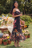 Zwarte tule asymmetrische sheath print Maxi bloemenjurk