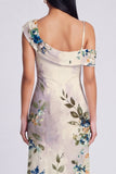 Zwarte tule asymmetrische sheath print Maxi bloemenjurk