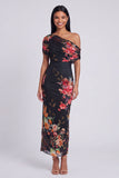 Zwarte tule eenschouder bodycon geprinte bloemen maxi jurk