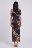 Zwarte tule eenschouder bodycon geprinte bloemen maxi jurk