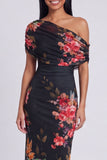 Zwarte tule eenschouder bodycon geprinte bloemen maxi jurk