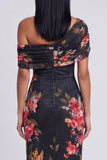 Zwarte tule eenschouder bodycon geprinte bloemen maxi jurk