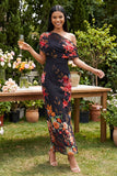 Zwarte tule eenschouder bodycon geprinte bloemen maxi jurk