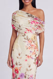 Zwarte tule eenschouder bodycon geprinte bloemen maxi jurk
