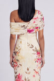 Zwarte tule eenschouder bodycon geprinte bloemen maxi jurk