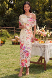 Zwarte tule eenschouder bodycon geprinte bloemen maxi jurk