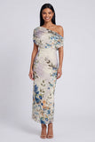 Zwarte tule eenschouder bodycon geprinte bloemen maxi jurk