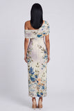 Zwarte tule eenschouder bodycon geprinte bloemen maxi jurk