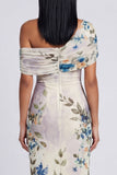 Zwarte tule eenschouder bodycon geprinte bloemen maxi jurk